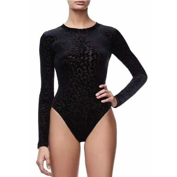 Good American The Wilder One Semi Sheer Leopard Print Long Sleeve Bodysuit Black - Picture 2 of 5